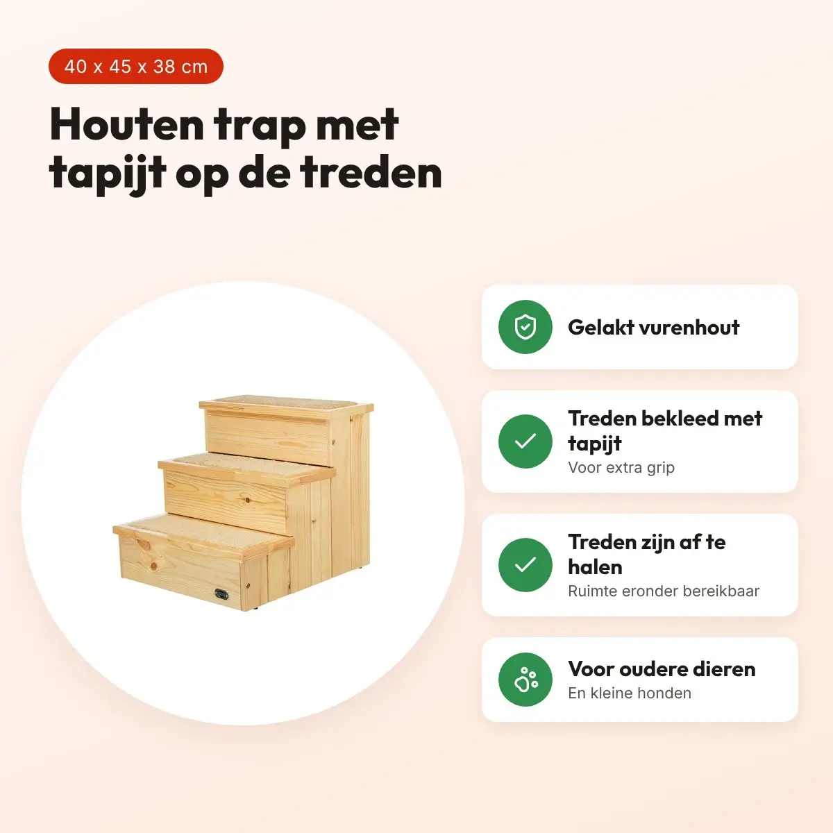 Trixie Petstair trap vurenhout 40 x 45 x 38 cm – met tapijt, hond en kat – voordelen