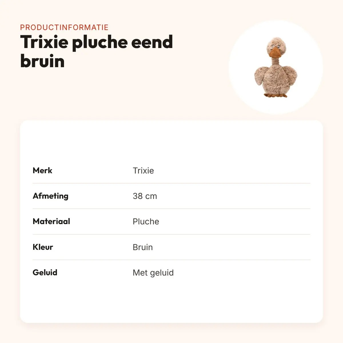 Trixie pluche eend bruin 38 cm – lange nek, met geluid – productinformatie