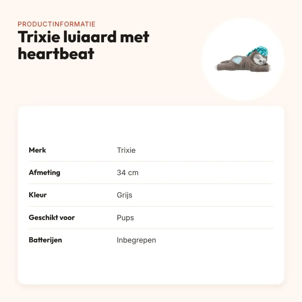 Trixie pluche luiaard grijs met heartbeat 34 cm – knuffel voor pups – productinformatie