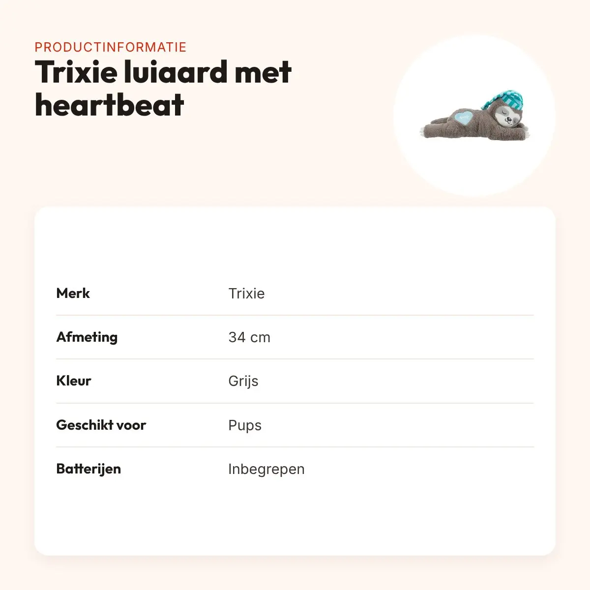 Trixie pluche luiaard grijs met heartbeat 34 cm – knuffel voor pups – productinformatie