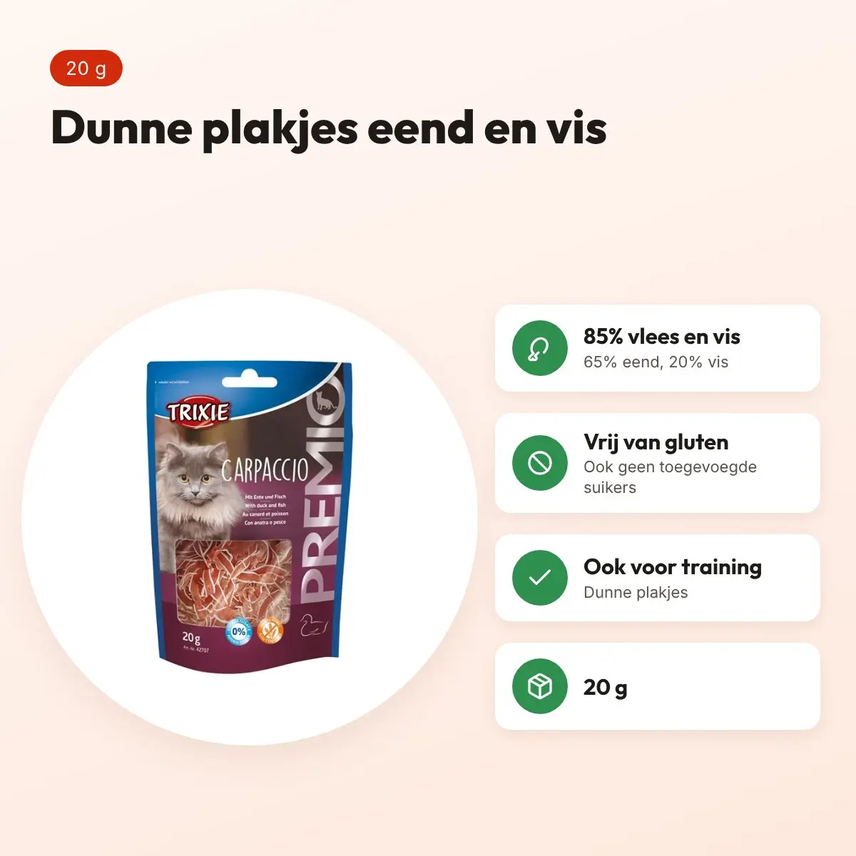 Trixie Premio Carpaccio kattensnack eend en vis 20 g – voordelen