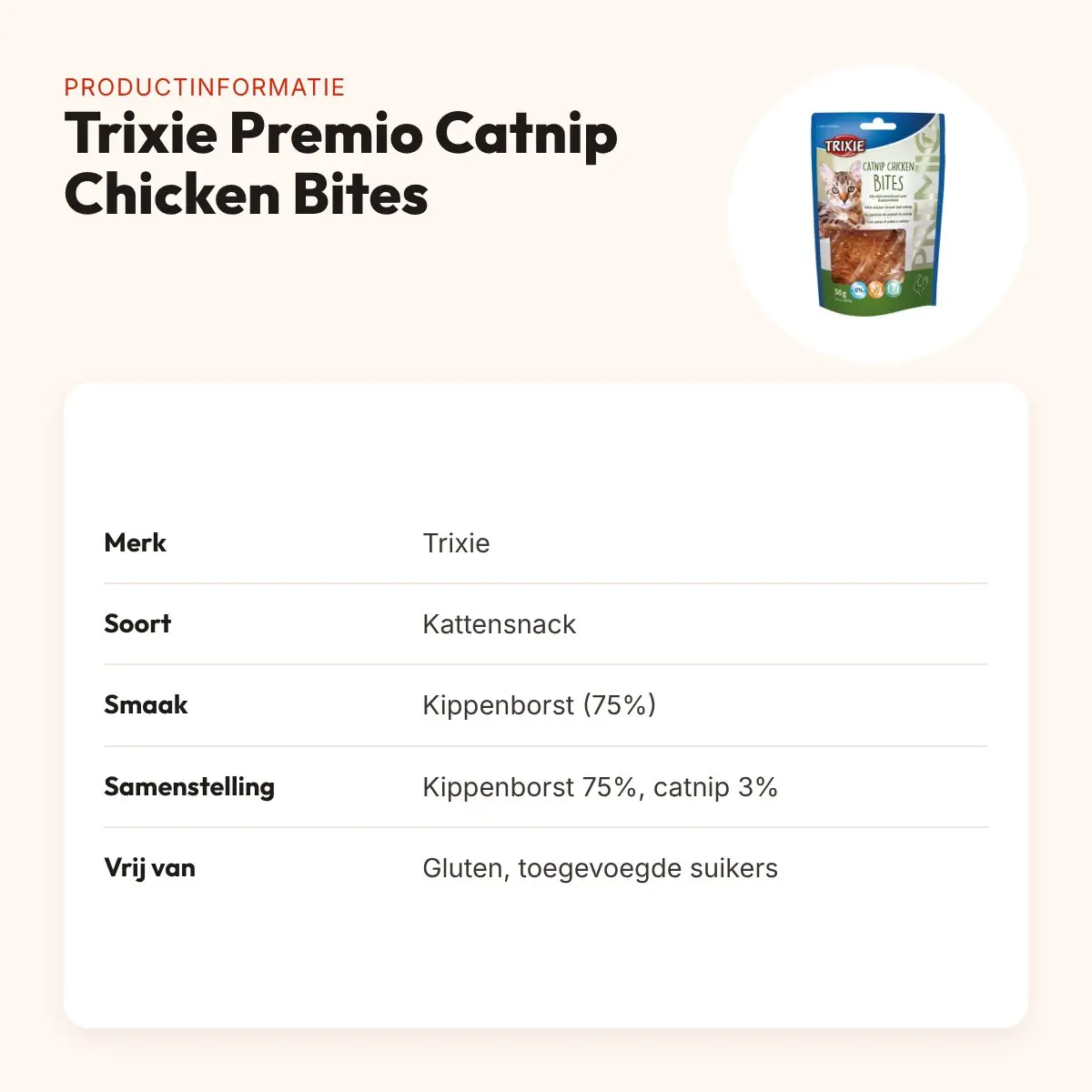 Trixie Premio Catnip Chicken Bites 50 g – kattensnack, glutenvrij – productinformatie