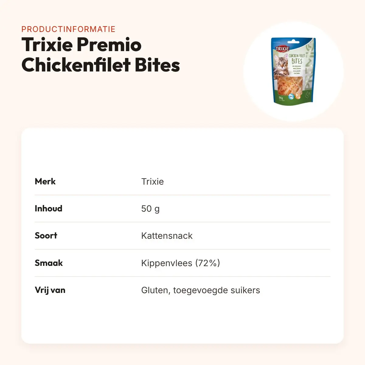 Trixie Premio Chickenfilet Bites 50 g – kattensnack, glutenvrij – productinformatie