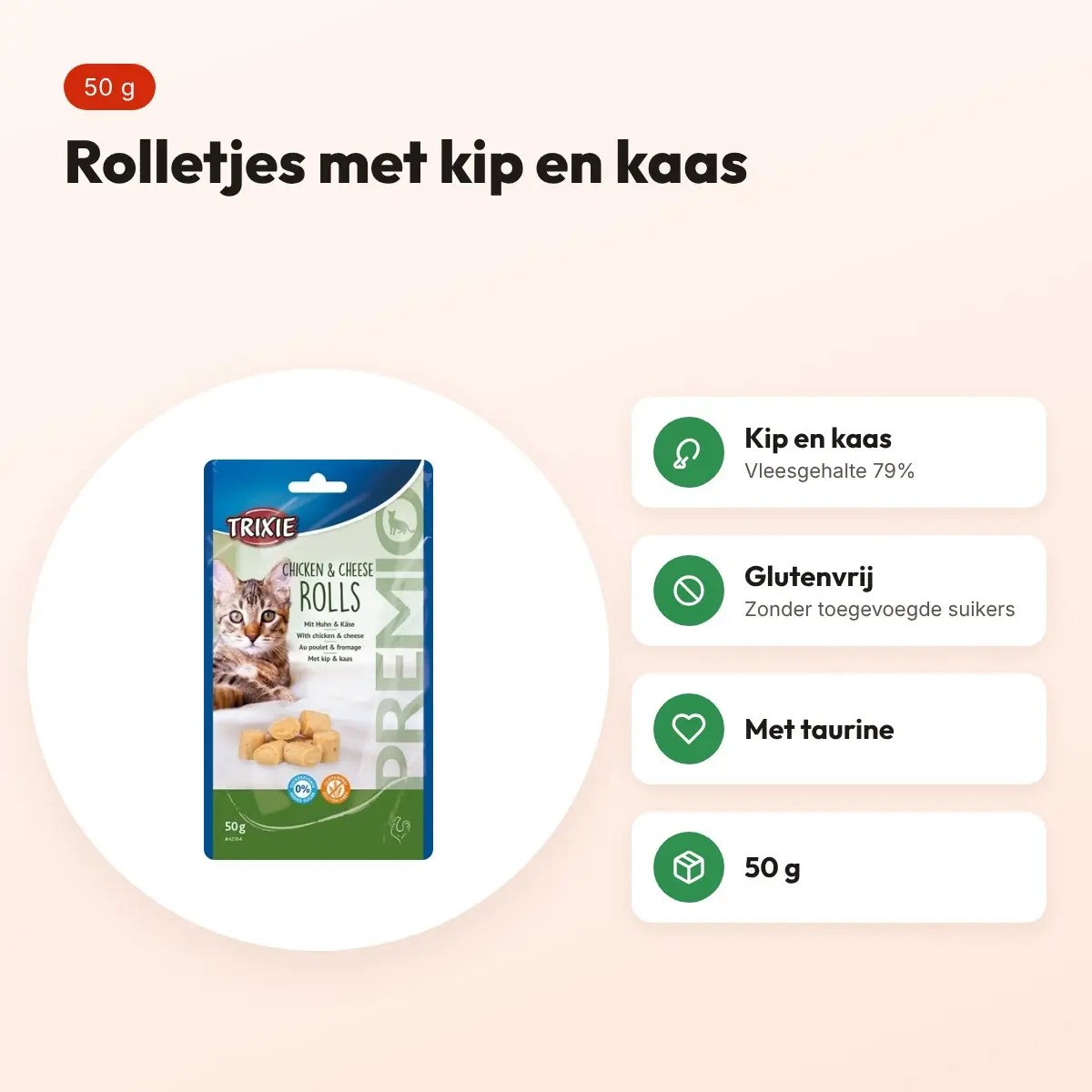 Trixie Premio kattensnack kip en kaas rolletjes 50 g – glutenvrij – voordelen