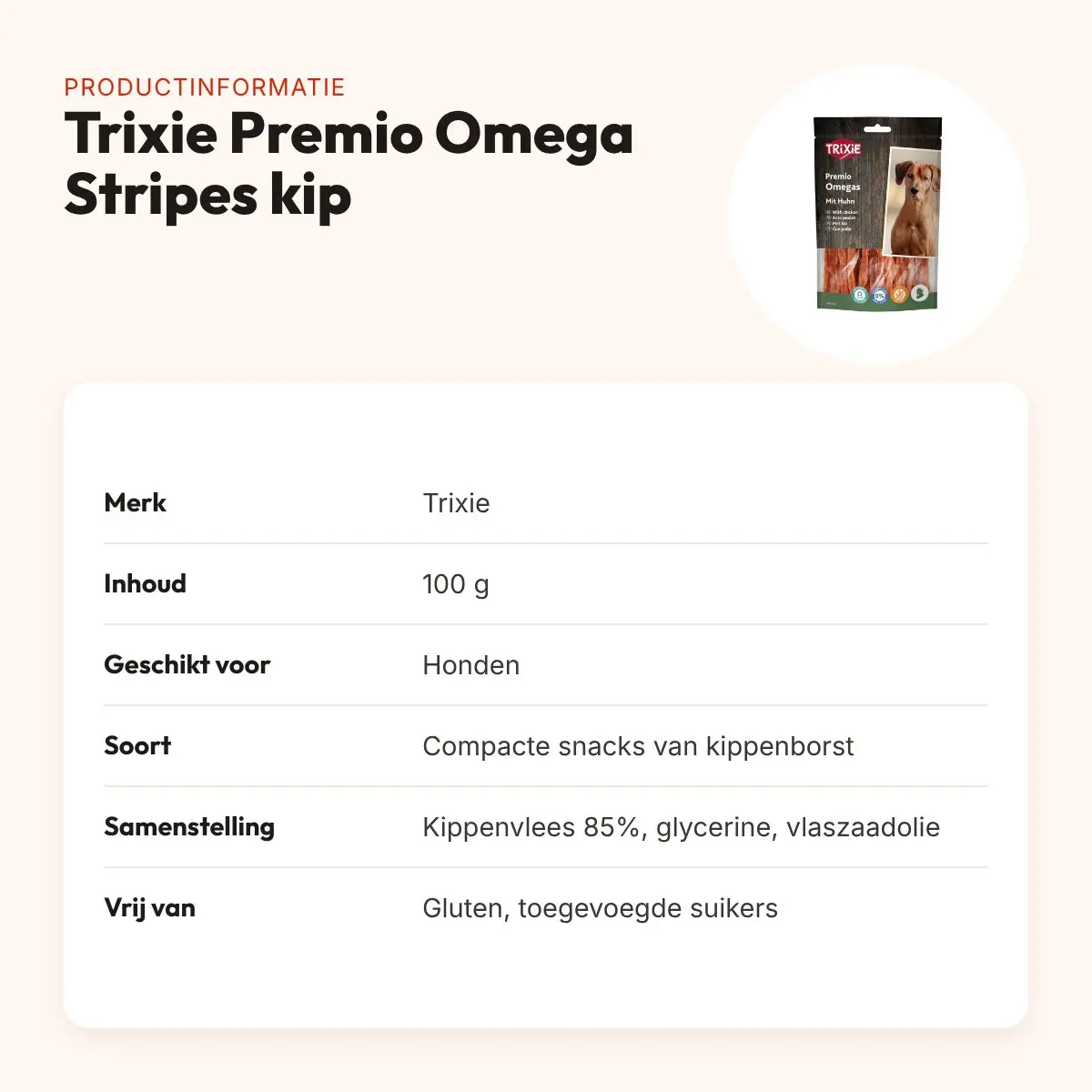 Trixie Premio Omega Stripes kip 100 g – glutenvrij – productinformatie
