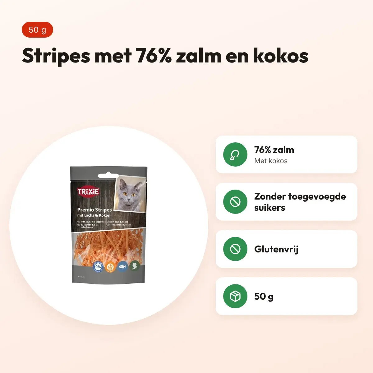 Trixie Premio Stripes zalm en kokos 50 g – kattensnack – voordelen