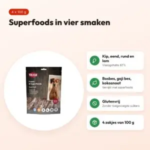Trixie Premio Superfoods hondensnacks kip, eend, rund en lam – 4 x 100 g – voordelen