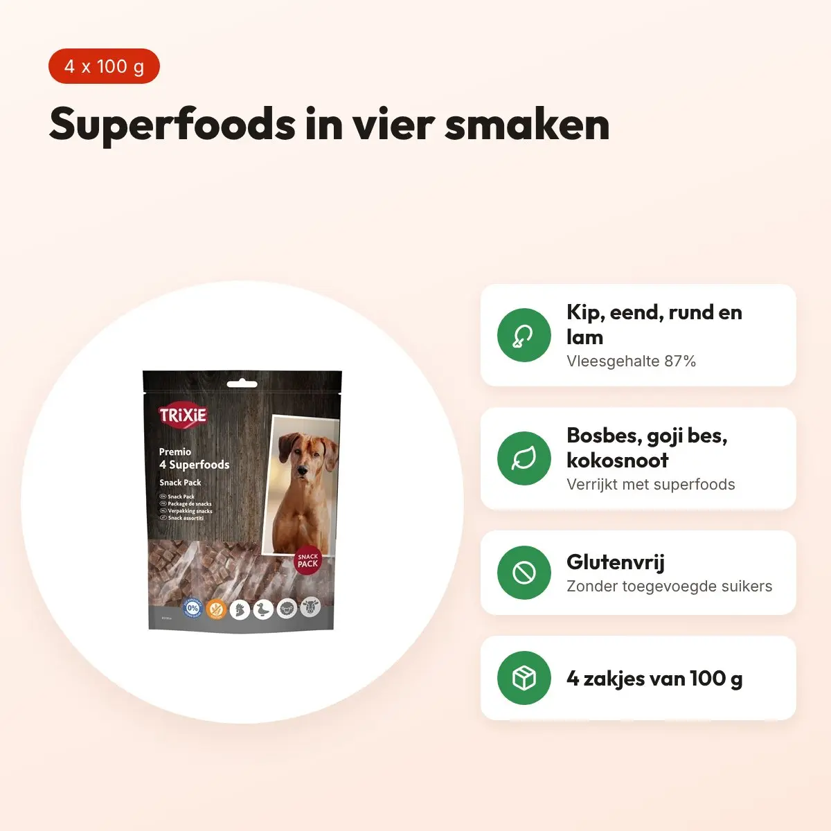 Trixie Premio Superfoods hondensnacks kip, eend, rund en lam – 4 x 100 g – voordelen