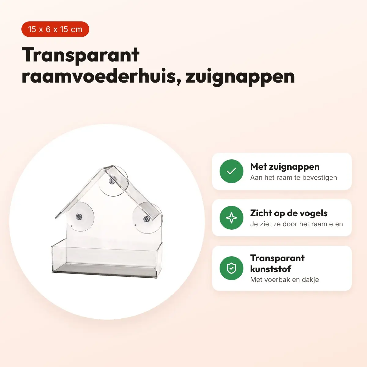 Trixie raamvoederhuis transparant 15 x 6 x 15 cm – met zuignappen – voordelen