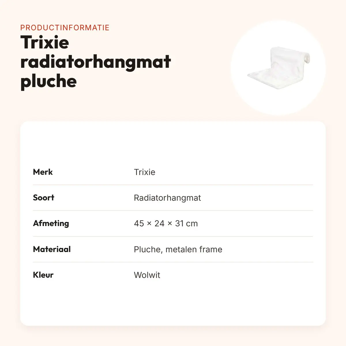 Trixie radiatorhangmat pluche wolwit 45 x 24 x 31 cm – tot 5 kg – productinformatie