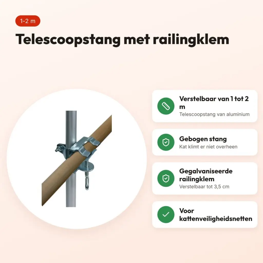 Trixie railingklem met telescoopstang 1-2 m – voor kattennetten – voordelen