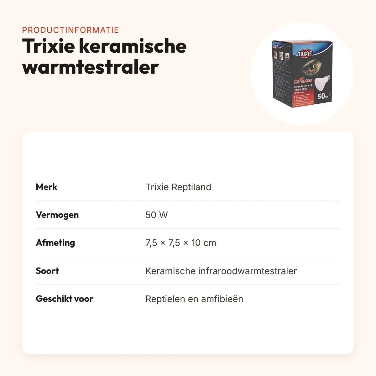 Trixie Reptiland keramische infraroodwarmtestraler 50 W – 7,5 x 7,5 x 10 cm – productinformatie