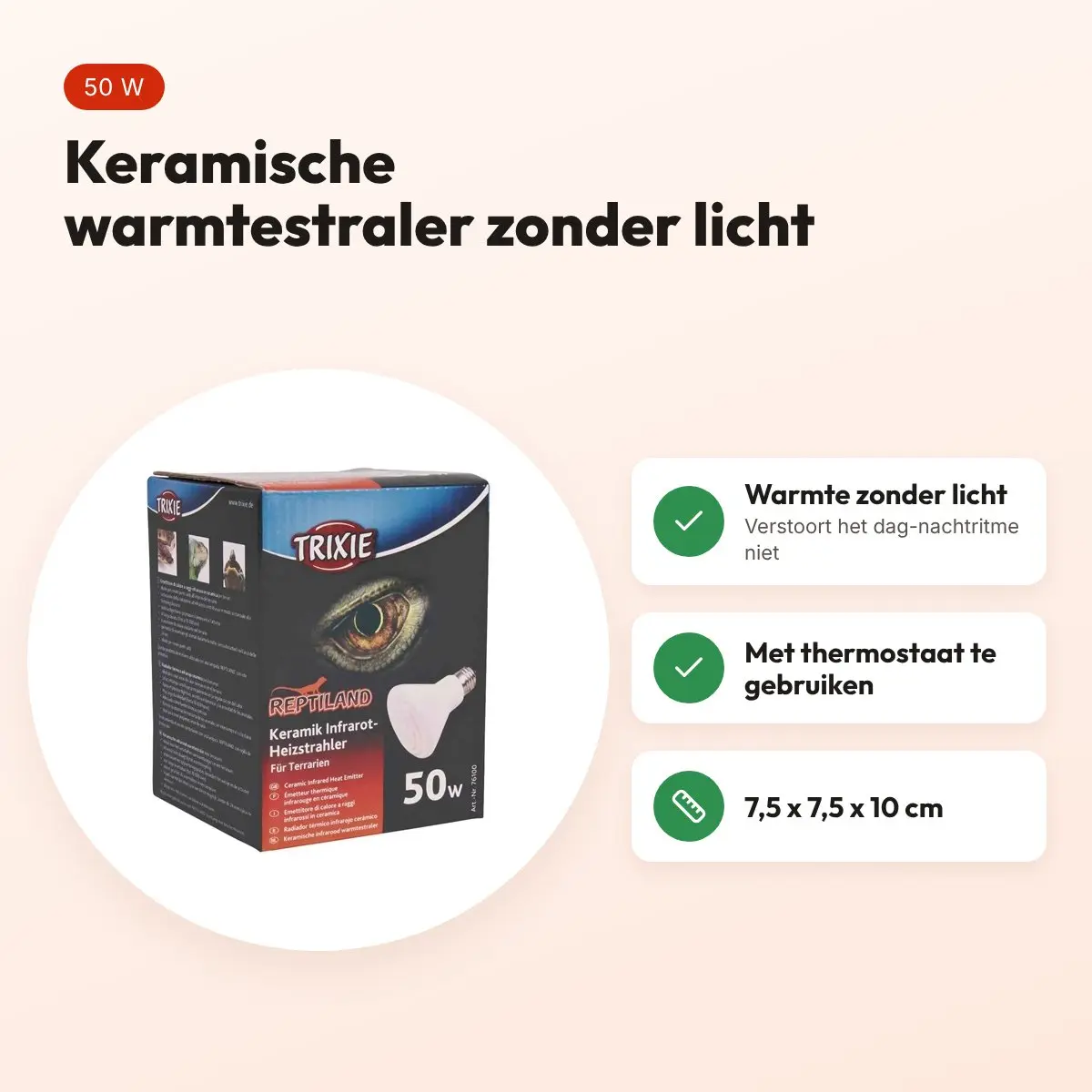 Trixie Reptiland keramische infraroodwarmtestraler 50 W – 7,5 x 7,5 x 10 cm – voordelen