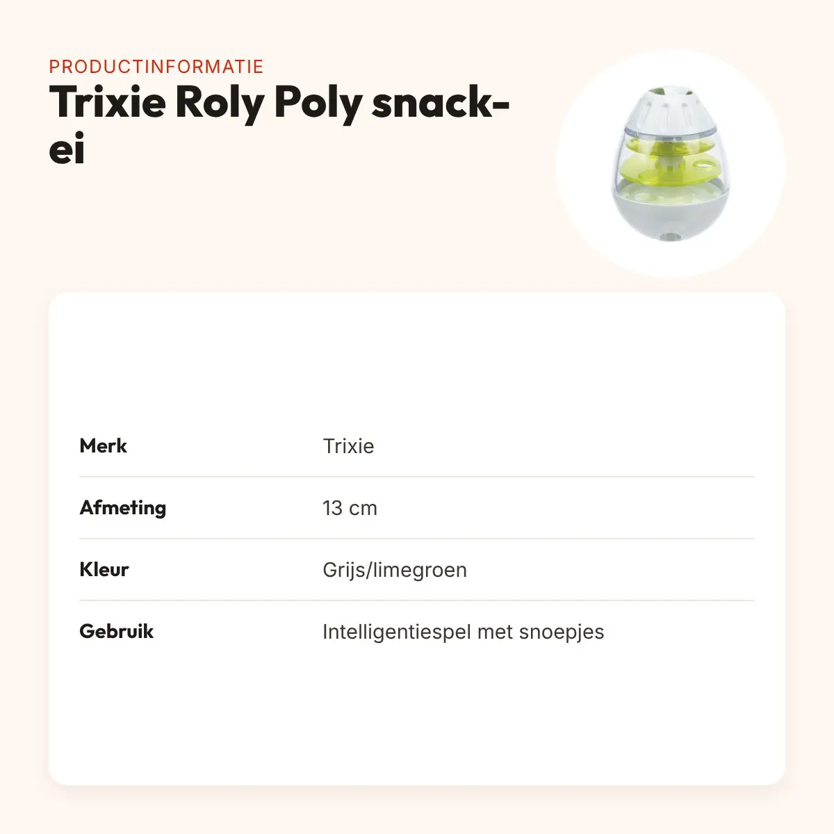 Trixie Roly Poly snack-ei 13 cm – grijs/limegroen, intelligentiespel – productinformatie