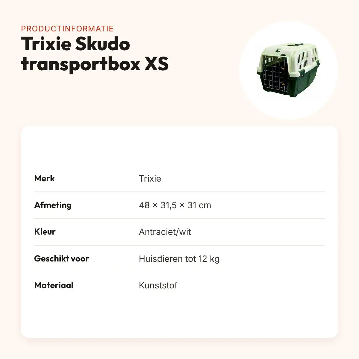 Trixie Skudo transportbox XS antraciet/wit 48 x 31,5 x 31 cm – tot 12 kg – productinformatie