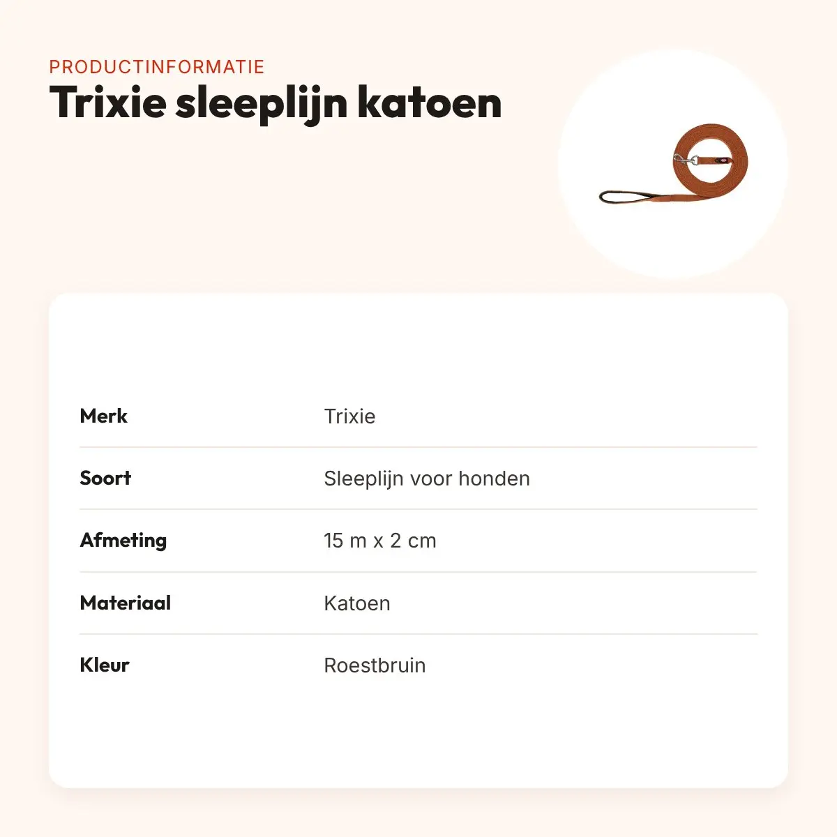 Trixie sleeplijn hond katoen roestbruin 15 m x 2 cm – gevoerde handlus – productinformatie