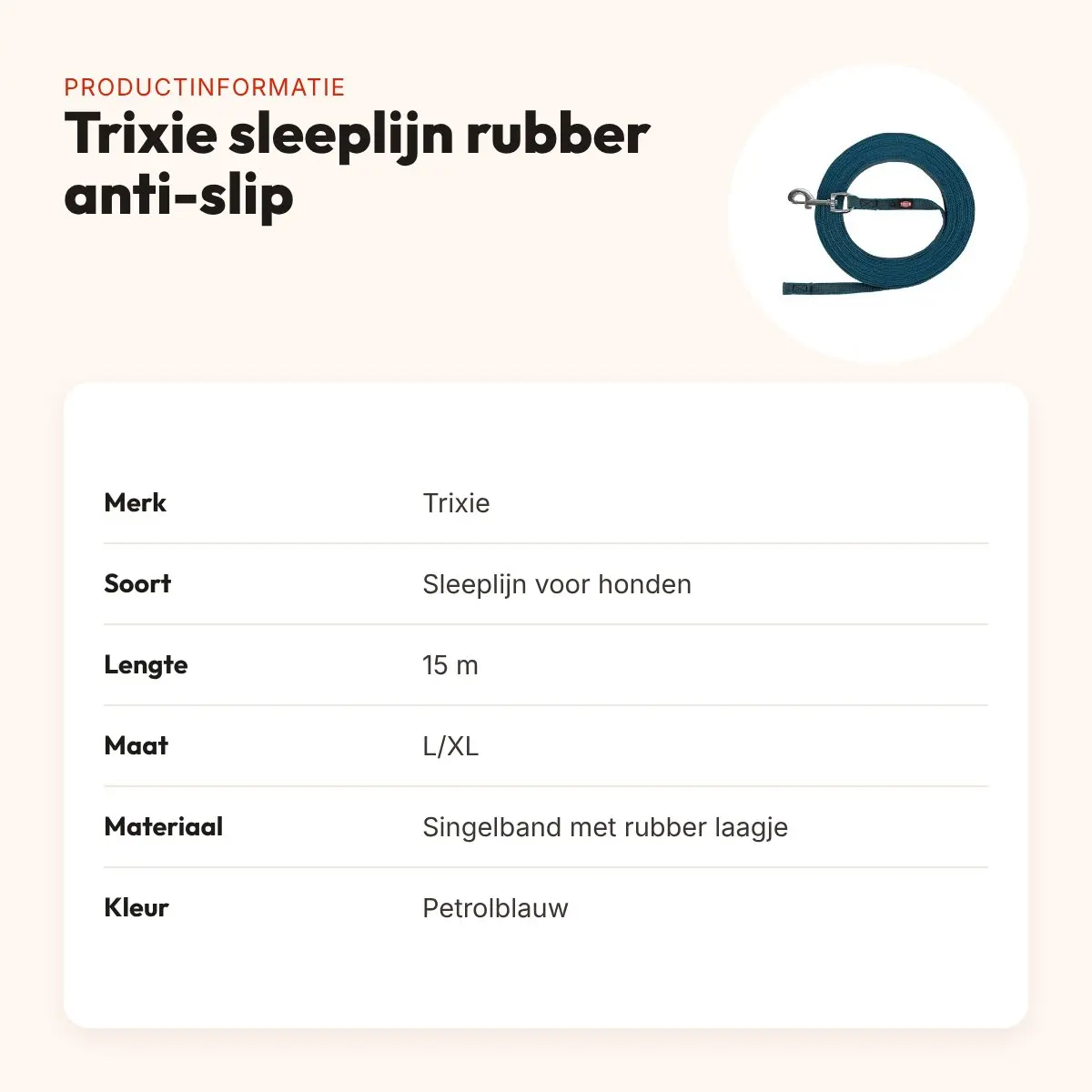 Trixie sleeplijn hond rubber anti-slip petrolblauw L/XL 15 m – singelband – productinformatie