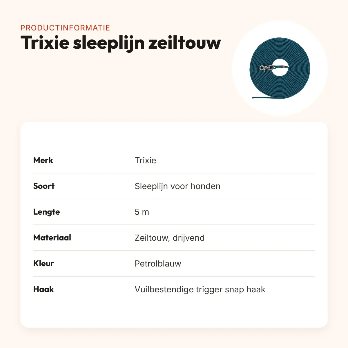 Trixie sleeplijn hond zeiltouw petrolblauw 5 m – drijvend, zonder handlus – productinformatie
