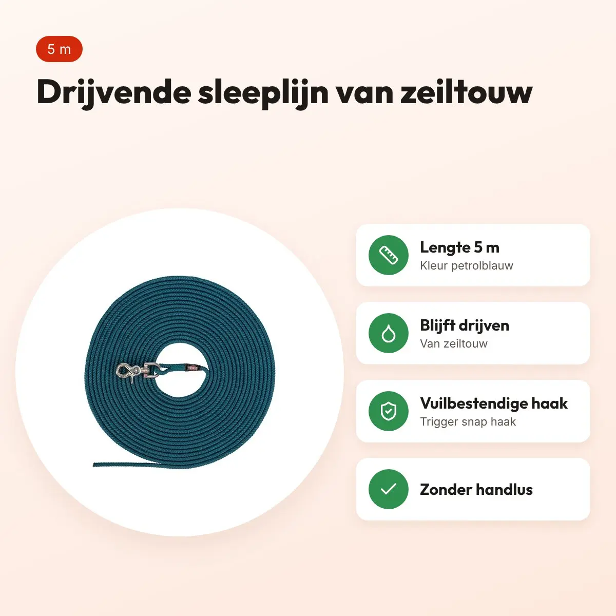 Trixie sleeplijn hond zeiltouw petrolblauw 5 m – drijvend, zonder handlus – voordelen