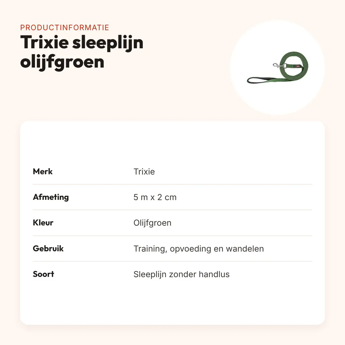 Trixie sleeplijn olijfgroen 5 m x 2 cm – zonder handlus – productinformatie
