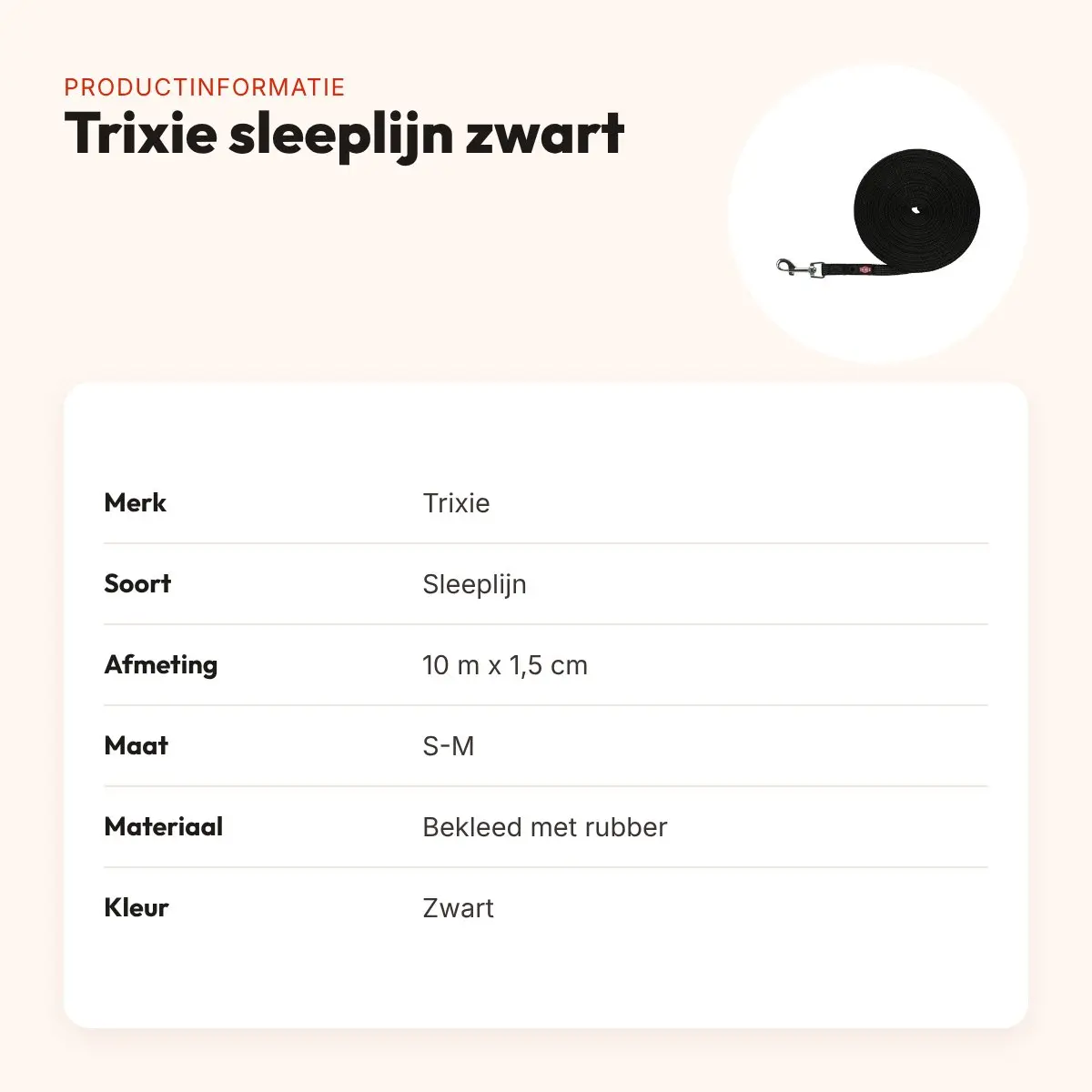 Trixie sleeplijn zwart 10 m x 1,5 cm – met rubber bekleed, zonder handlus – productinformatie