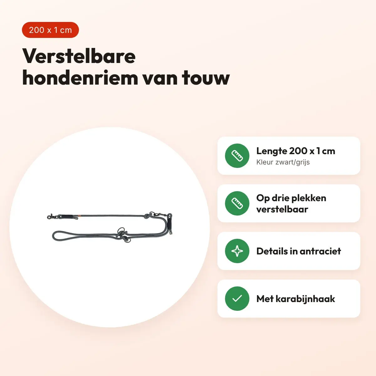 Trixie Soft Rope hondenriem verstelbaar zwart/grijs 200 x 1 cm – voordelen