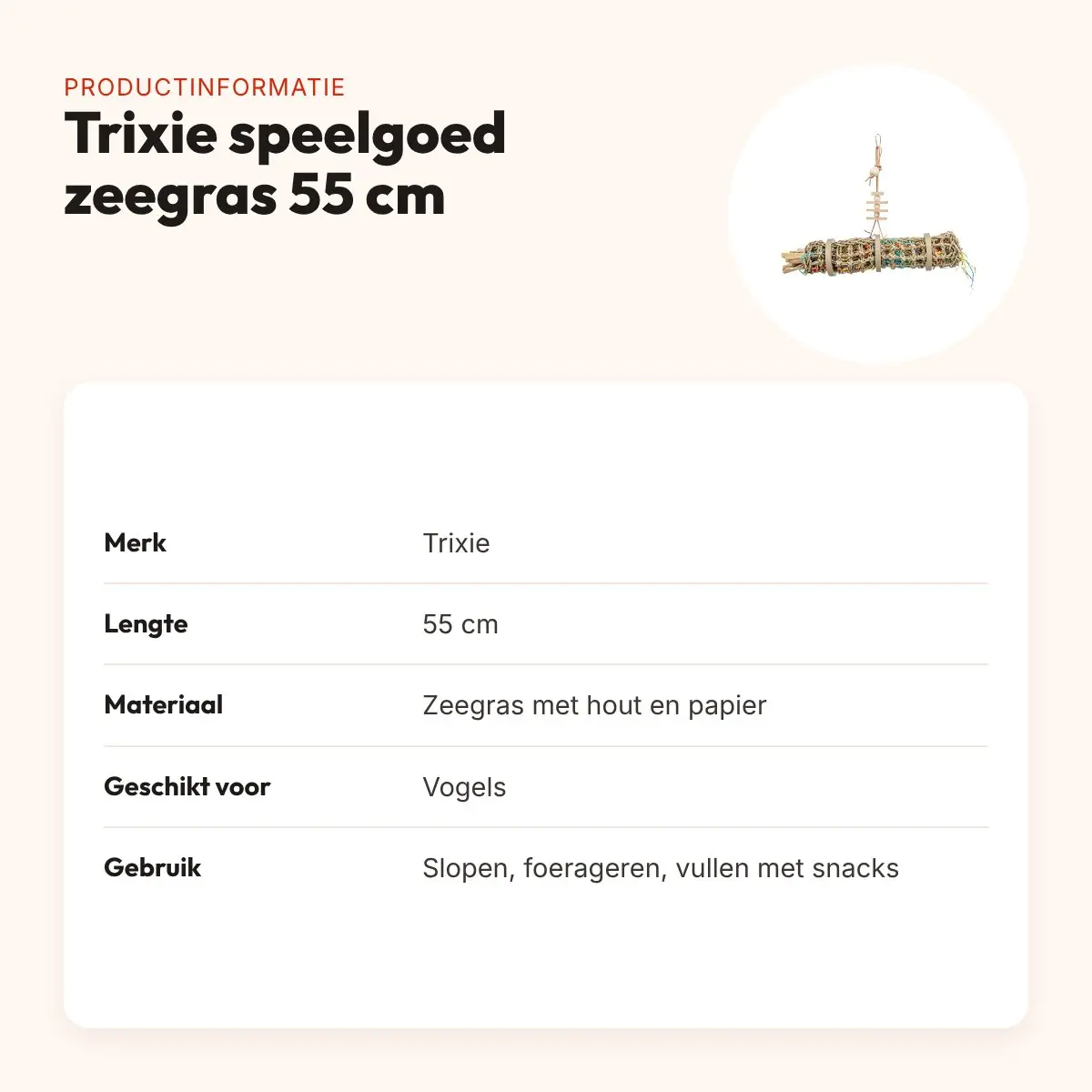 Trixie speelgoed zeegras 55 cm – groot vogelspeelgoed te vullen met snacks – productinformatie