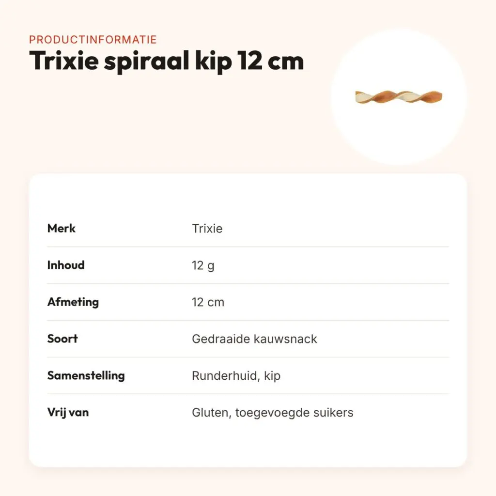 Trixie spiraal kauwsnack kip 12 cm – runderhuid, 12 g – productinformatie