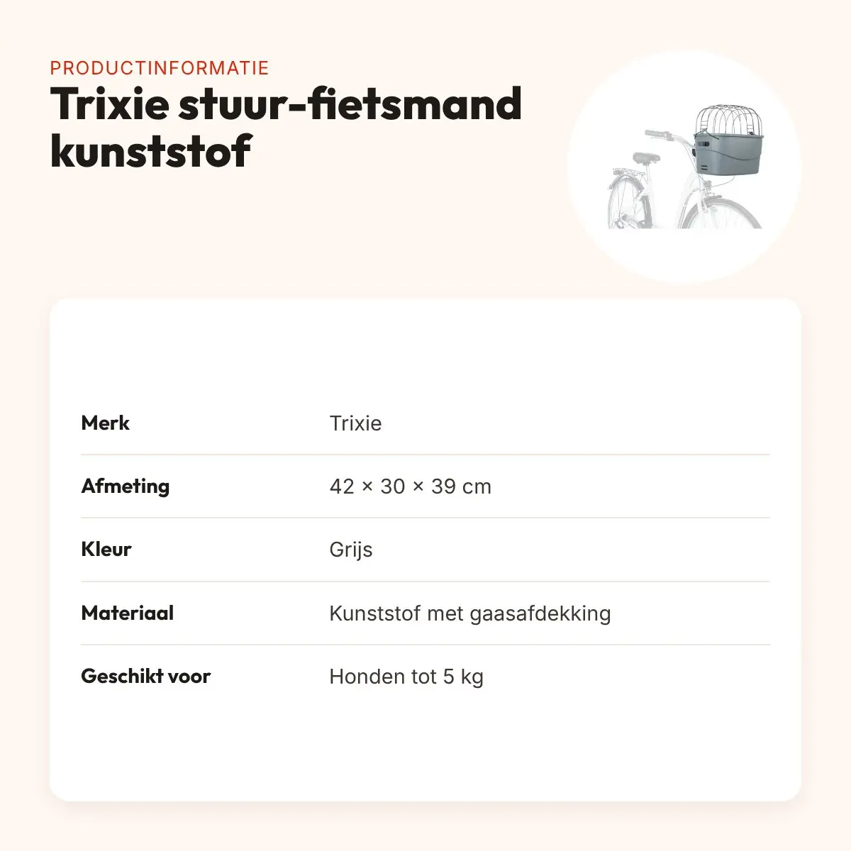 Trixie stuur-fietsmand kunststof grijs 42 x 30 x 39 cm – tot 5 kg – productinformatie