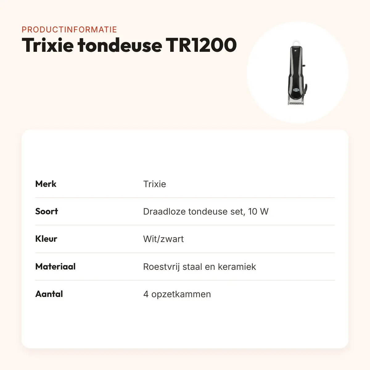 Trixie tondeuse set TR1200 draadloos wit/zwart 10 W – 180 minuten looptijd – productinformatie