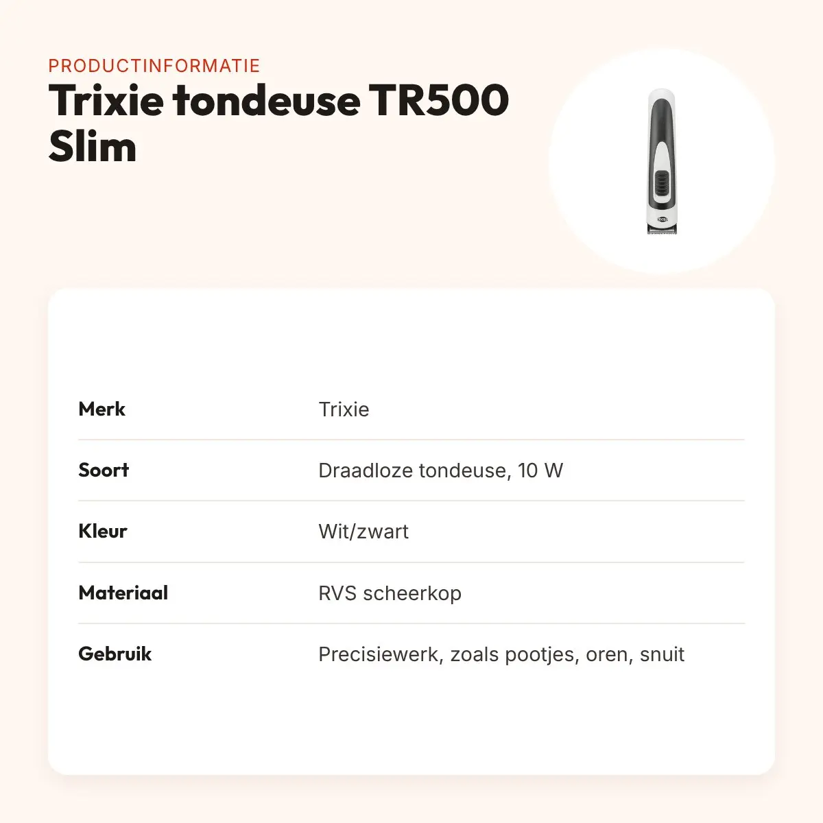 Trixie tondeuse TR500 Slim draadloos 10 W – wit/zwart – productinformatie