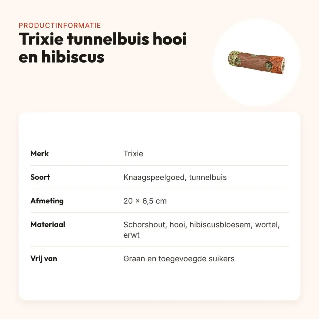 Trixie tunnelbuis met hooi en hibiscus 20 x 6,5 cm – knaagspeelgoed – productinformatie