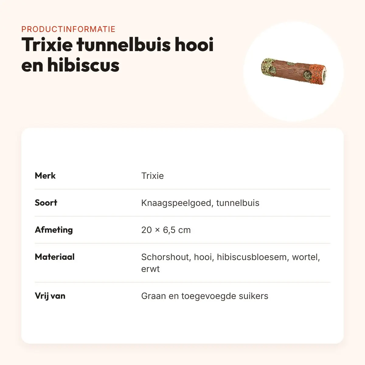 Trixie tunnelbuis met hooi en hibiscus 20 x 6,5 cm – knaagspeelgoed – productinformatie