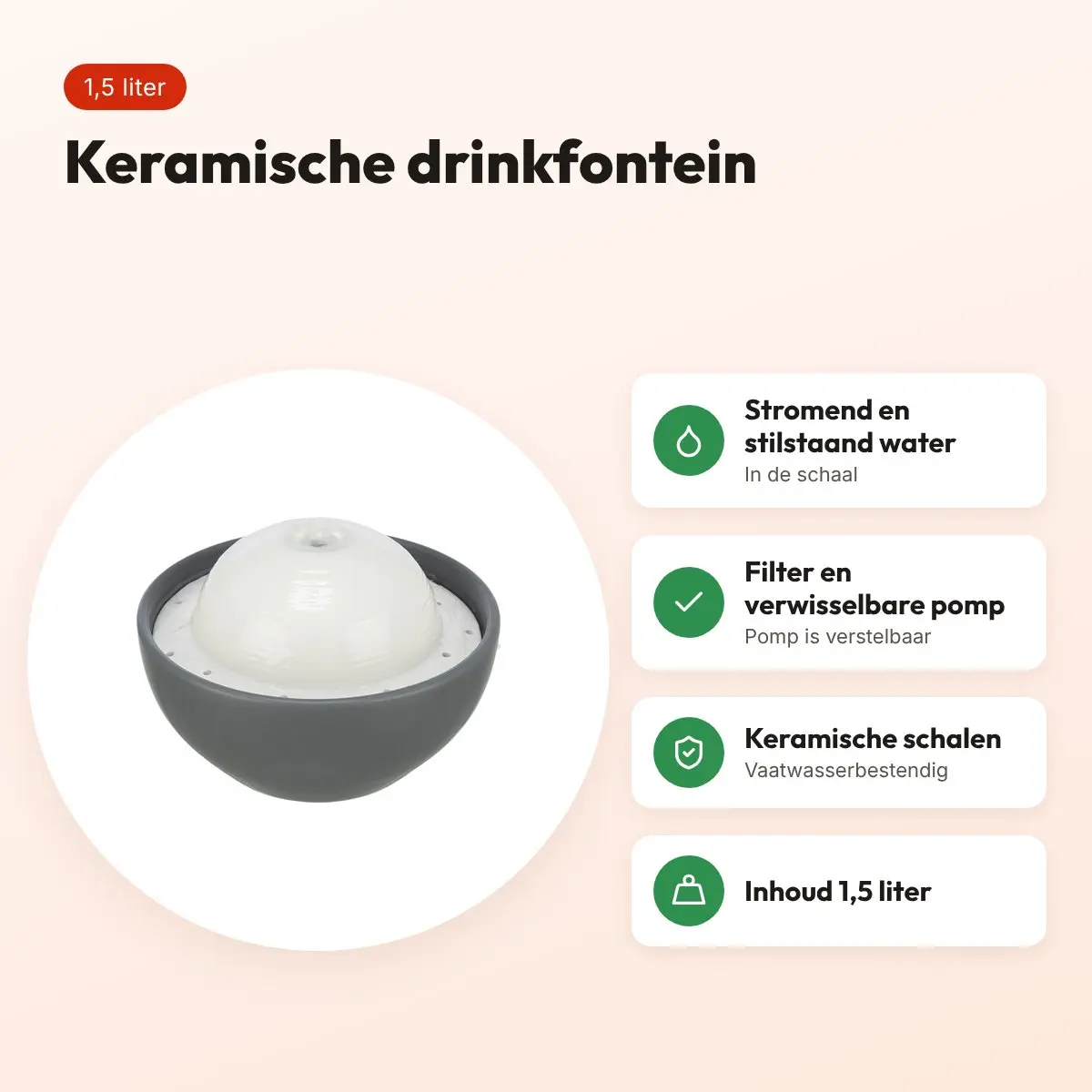 Trixie Vital Dome drinkfontein keramiek grijs/wit 1,5 liter – voordelen