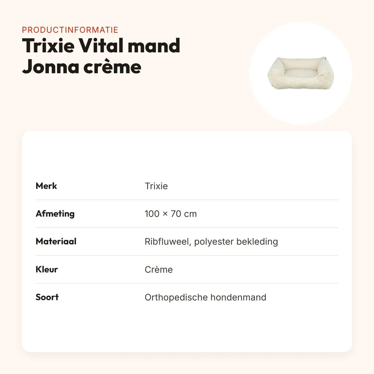 Trixie Vital hondenmand Jonna hoekig ribfluweel crème 100 x 70 cm – productinformatie