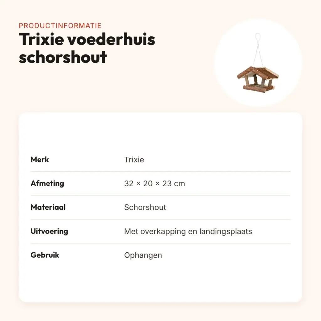 Trixie voederhuis schorshout 32 x 20 x 23 cm – hangend, met overkapping – productinformatie
