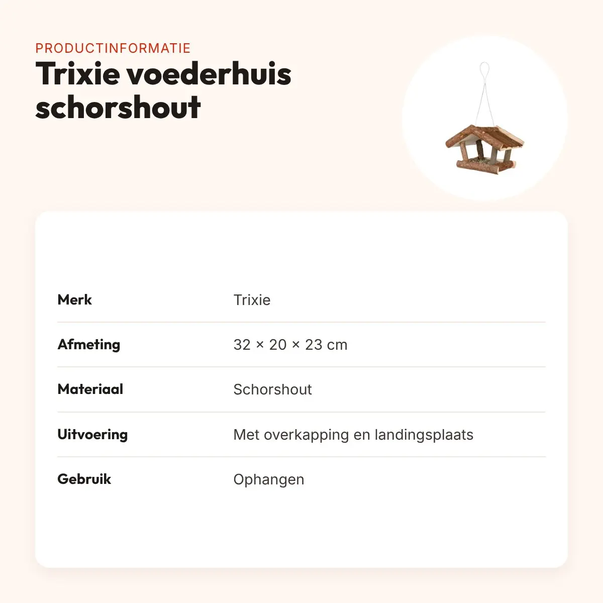 Trixie voederhuis schorshout 32 x 20 x 23 cm – hangend, met overkapping – productinformatie