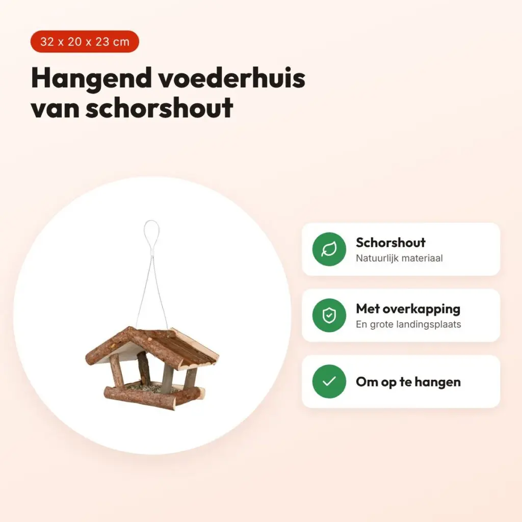 Trixie voederhuis schorshout 32 x 20 x 23 cm – hangend, met overkapping – voordelen