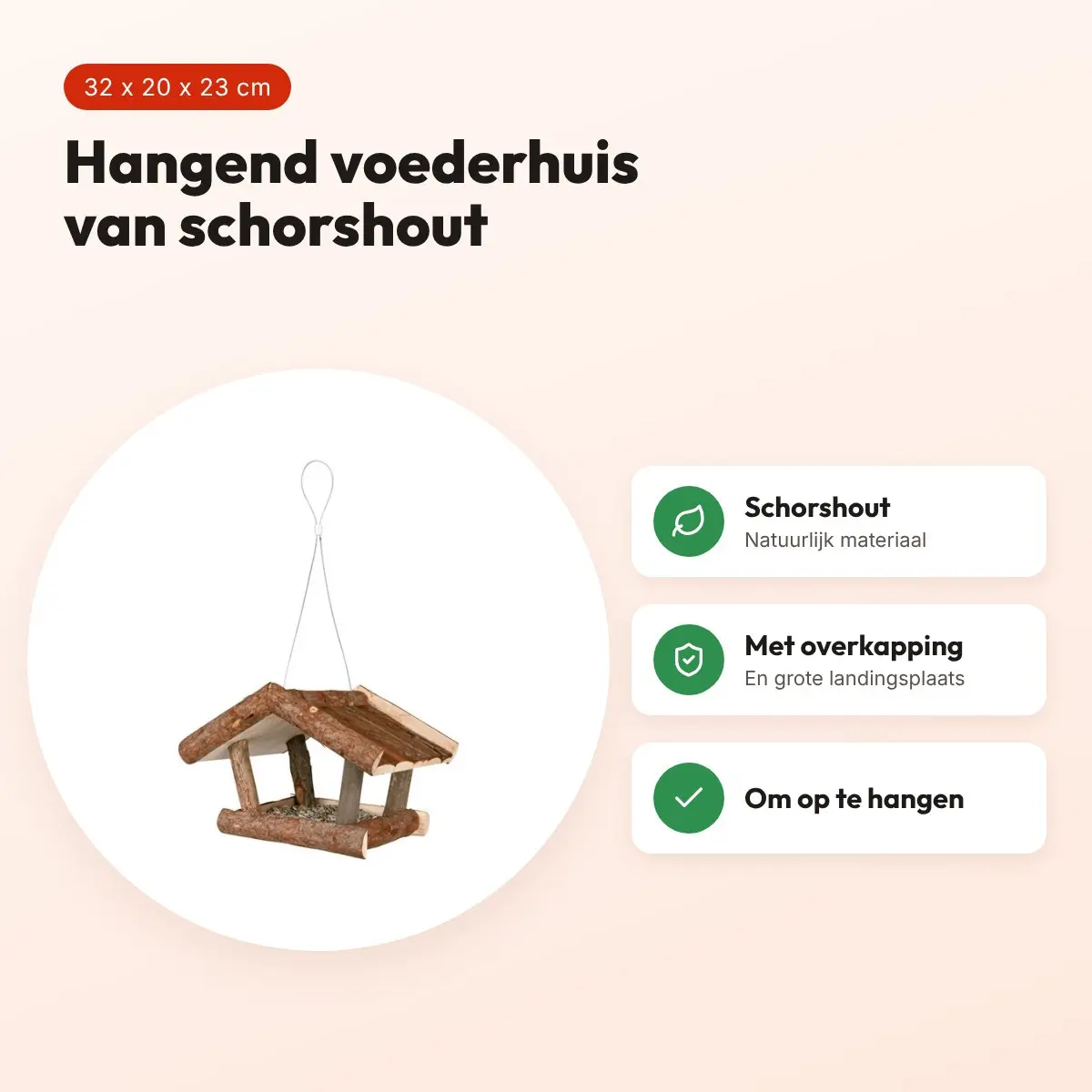 Trixie voederhuis schorshout 32 x 20 x 23 cm – hangend, met overkapping – voordelen