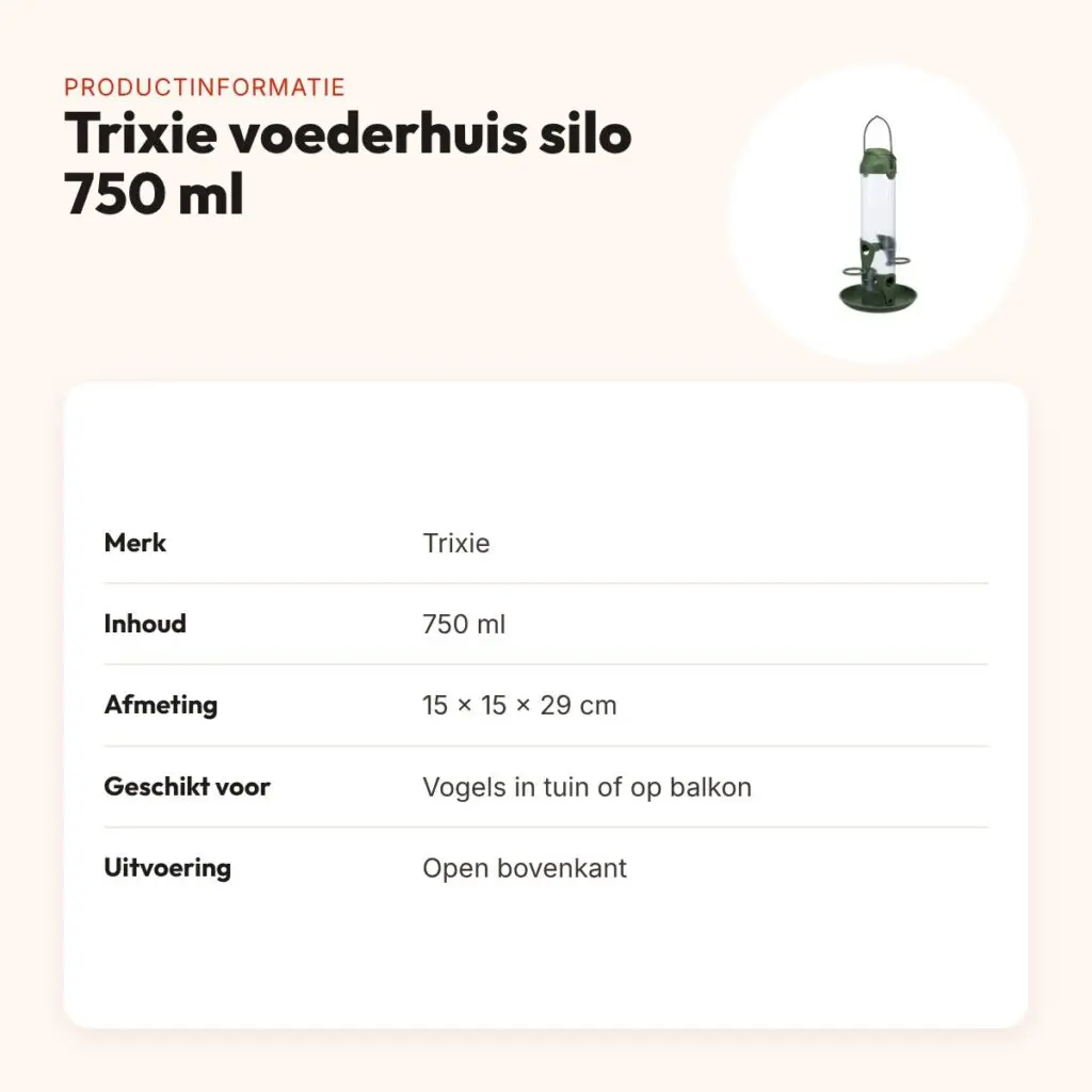 Trixie voederhuis silo 750 ml 15 x 15 x 29 cm – met open bovenkant – productinformatie