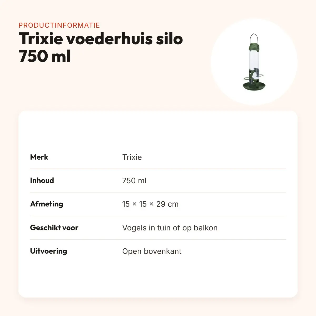 Trixie voederhuis silo 750 ml 15 x 15 x 29 cm – met open bovenkant – productinformatie