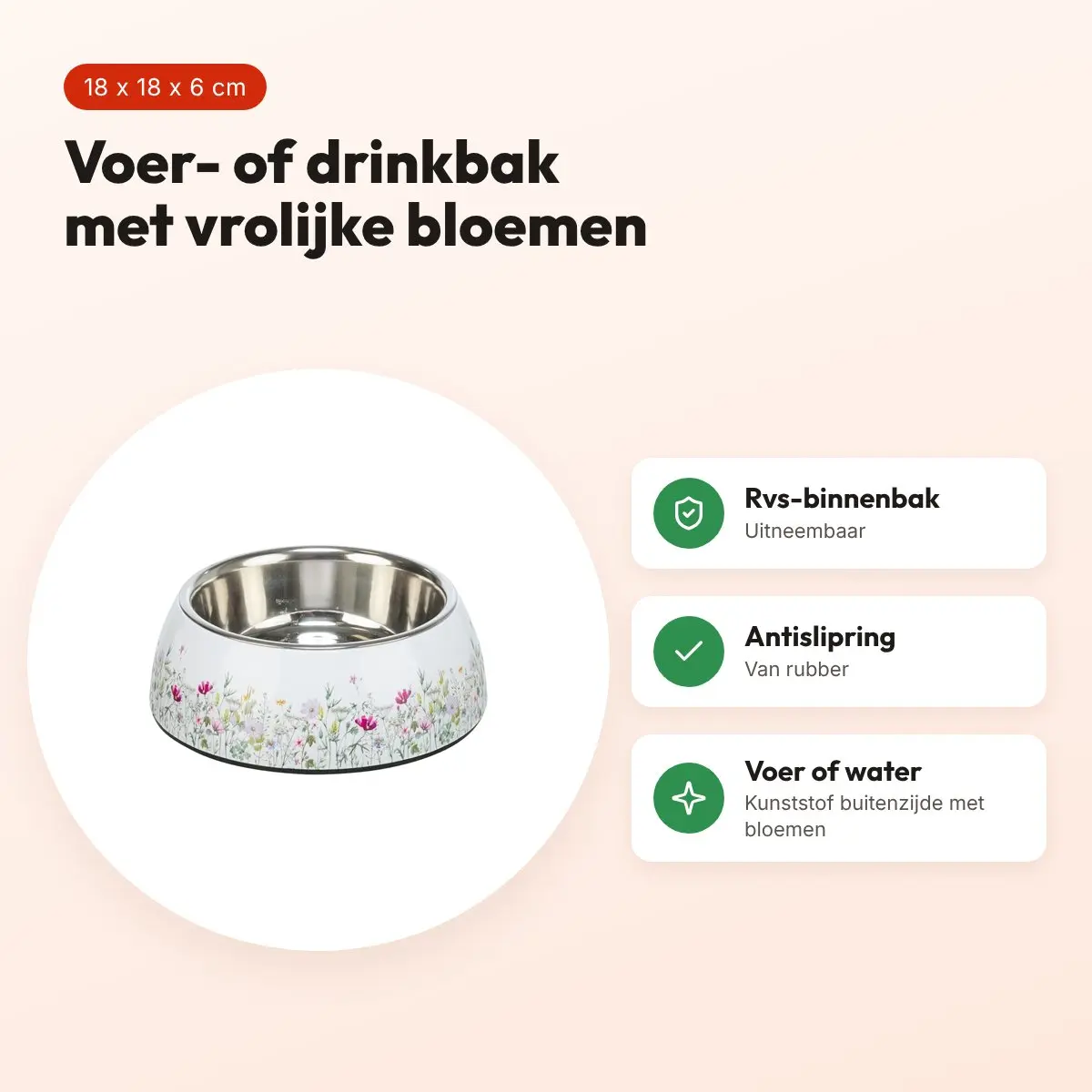 Trixie voerbak/drinkbak bloemmotief rvs wit/meerkleurig 18 x 18 x 6 cm – voordelen