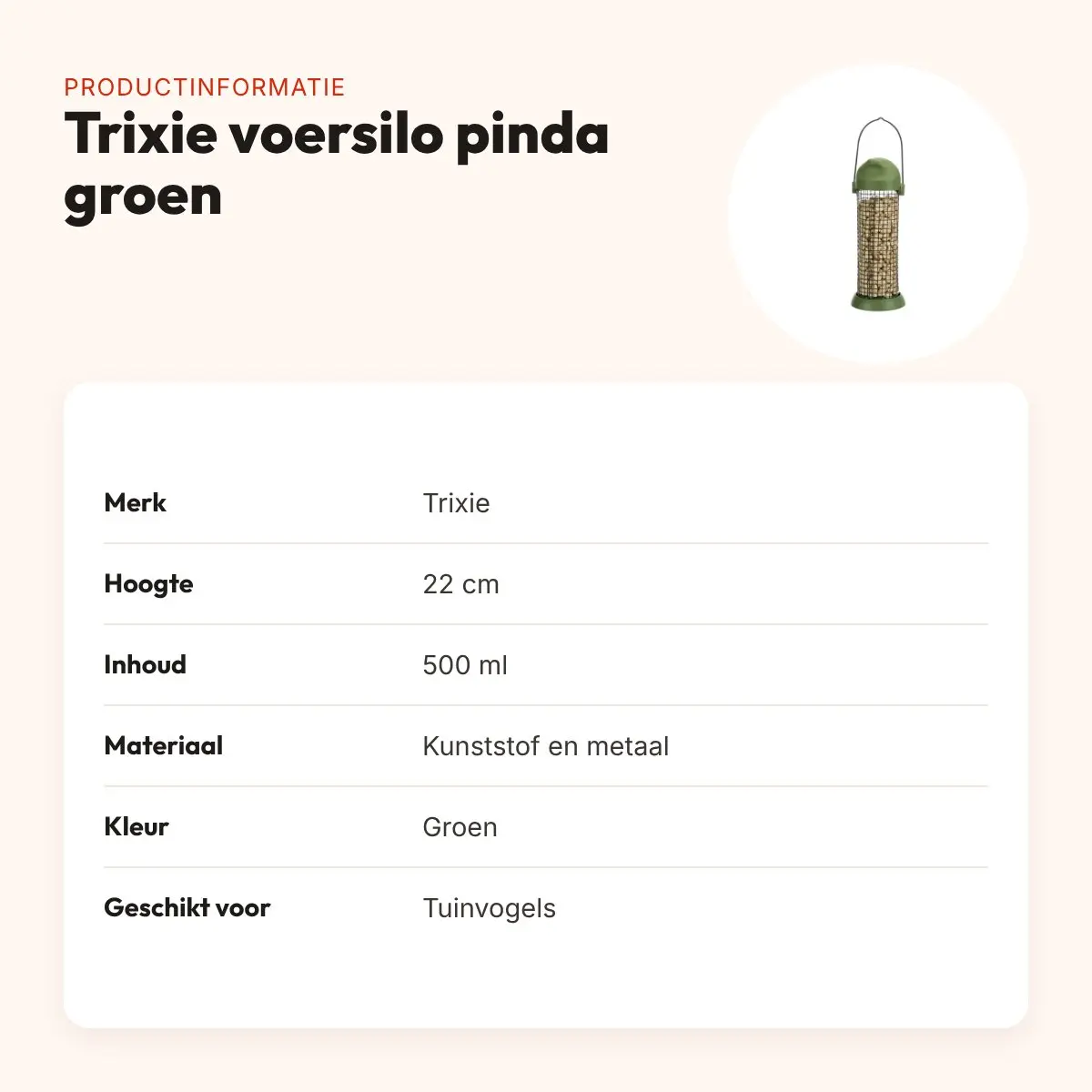 Trixie voersilo pinda groen 22 cm – kunststof en metaal, 500 ml – productinformatie