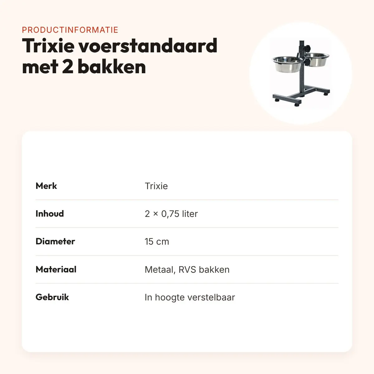 Trixie voerstandaard 0,75 liter 15 cm – verstelbaar, met 2 RVS bakken – productinformatie