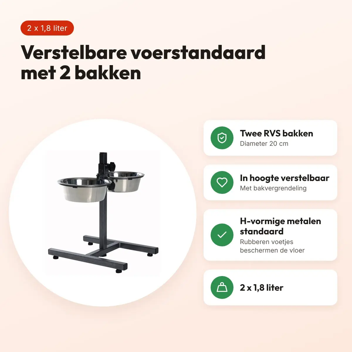 Trixie voerstandaard 1,8 liter 20 cm – verstelbaar, met 2 RVS bakken – voordelen