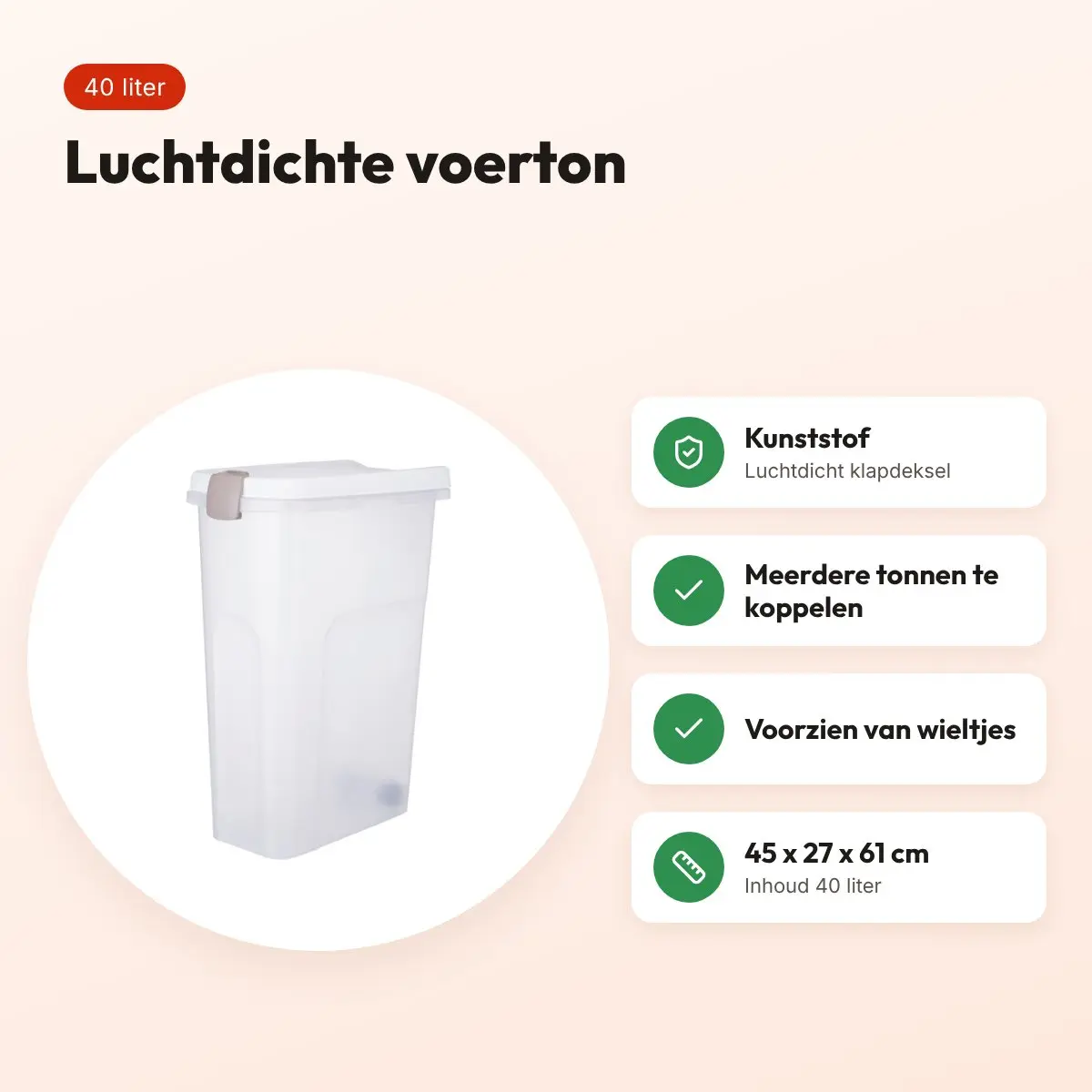 Trixie voerton transparant wit 40 liter – luchtdicht, met wieltjes – voordelen