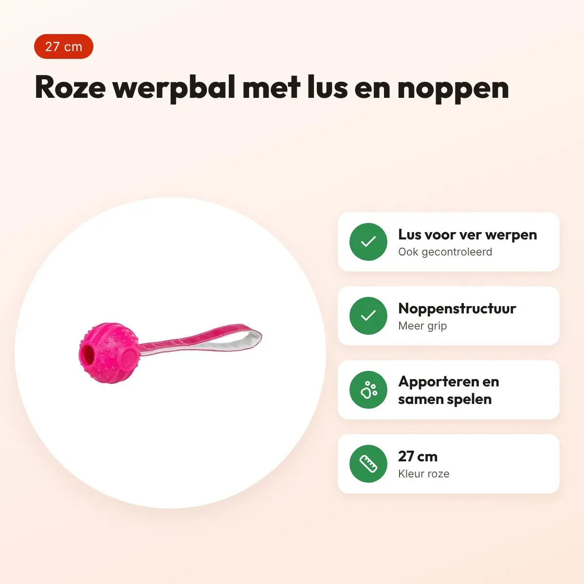 Trixie werpbal Soft & Strong TPR roze 27 cm – met lus en noppen – voordelen