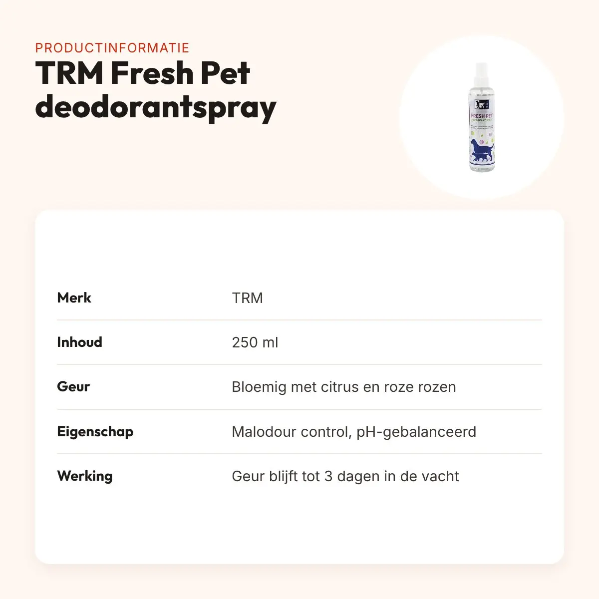 TRM Fresh Pet deodorant spray 250 ml – malodour control – productinformatie