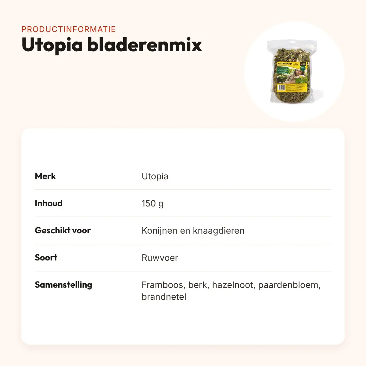 Utopia bladerenmix 150 g – ruwvoer voor konijnen en knaagdieren – productinformatie