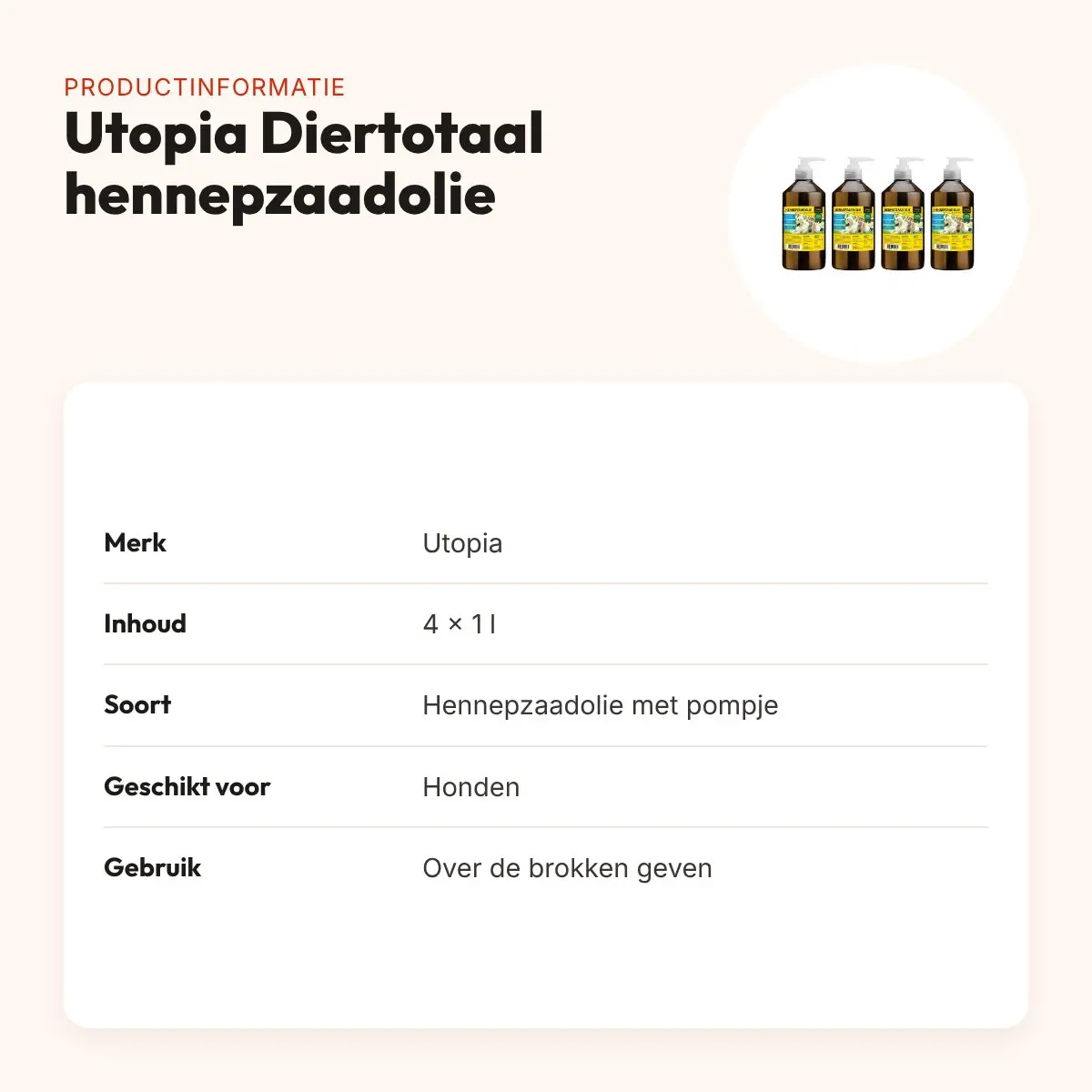 Utopia Diertotaal hennepzaadolie met pompje 1 l – multipack 4 stuks – productinformatie